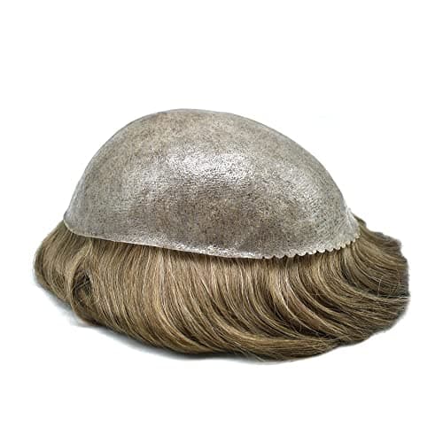 Toupee for Men's Hair Replacement System - Full Injected PU Durable Skin Wig - Soft Human Hair Piece - Grey 7"x9" #1810 Medium Blonde+10% Gray-110% Light to Medium Density