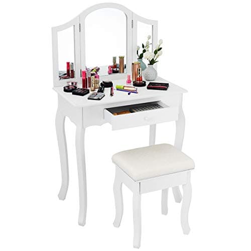 Casart Bathroom Vanity Makeup Table Set w/Tri-Folding Mirror & Cushioned Stool Dressing Table (White)