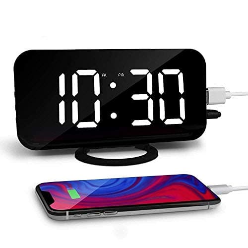 Aisuo 6.5" Alarm Clock, Digital Clock with Large LED Display, Adjustable Brightness & 2 USB Charging Ports, Mirror Surface and Dimming Mode, Ideal Gifts for Kids, Women, Friends.(Black)
