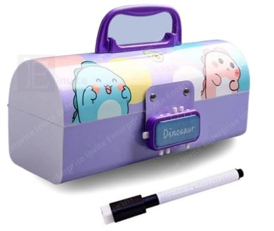 Plastic Pencil Cases/Pencil Box With Code Lock Pen Case Kids Pencil Case Style Password Lock Pencil Box Case Multi-Layer Pencil Box For Boys Girls (Dinosuar_Purple_Pencil Case)