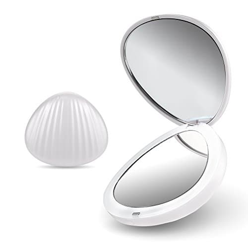 Ultra-portable Shell Makeup Mirror, Double-sided 1×5× Magnification Makeup Mirror with Led Light