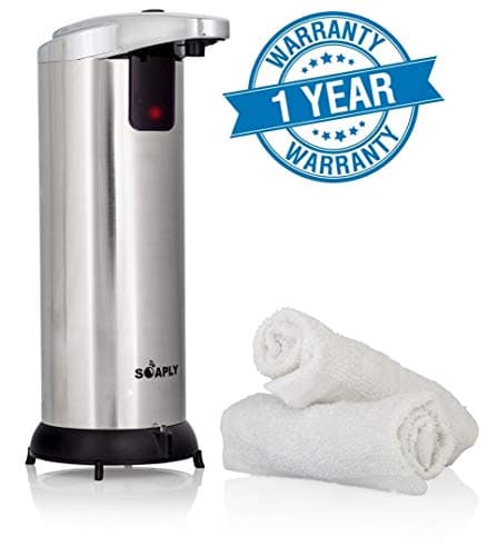 Soaply Automatic Touchless Soap Dispenser | Hands-Free Kitchen & Bathroom Countertop Use | Stainless Steel, Battery Powered | Incl. 2 Plush Hand Towels & 1-Year Warranty