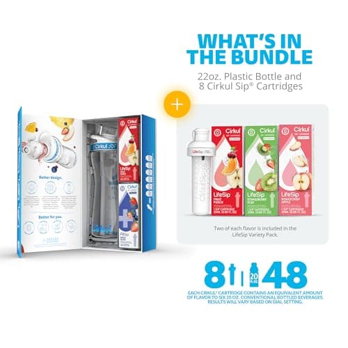 Cirkul Big Kid Bundle - 22oz. Plastic Water Bottle Starter Kit with Blue Lid, 2 Flavor Cartridges and LifeSip Flavor Cartridge Variety Pack with B vitamins, 6-Pack Zero Sugar Drink Mix