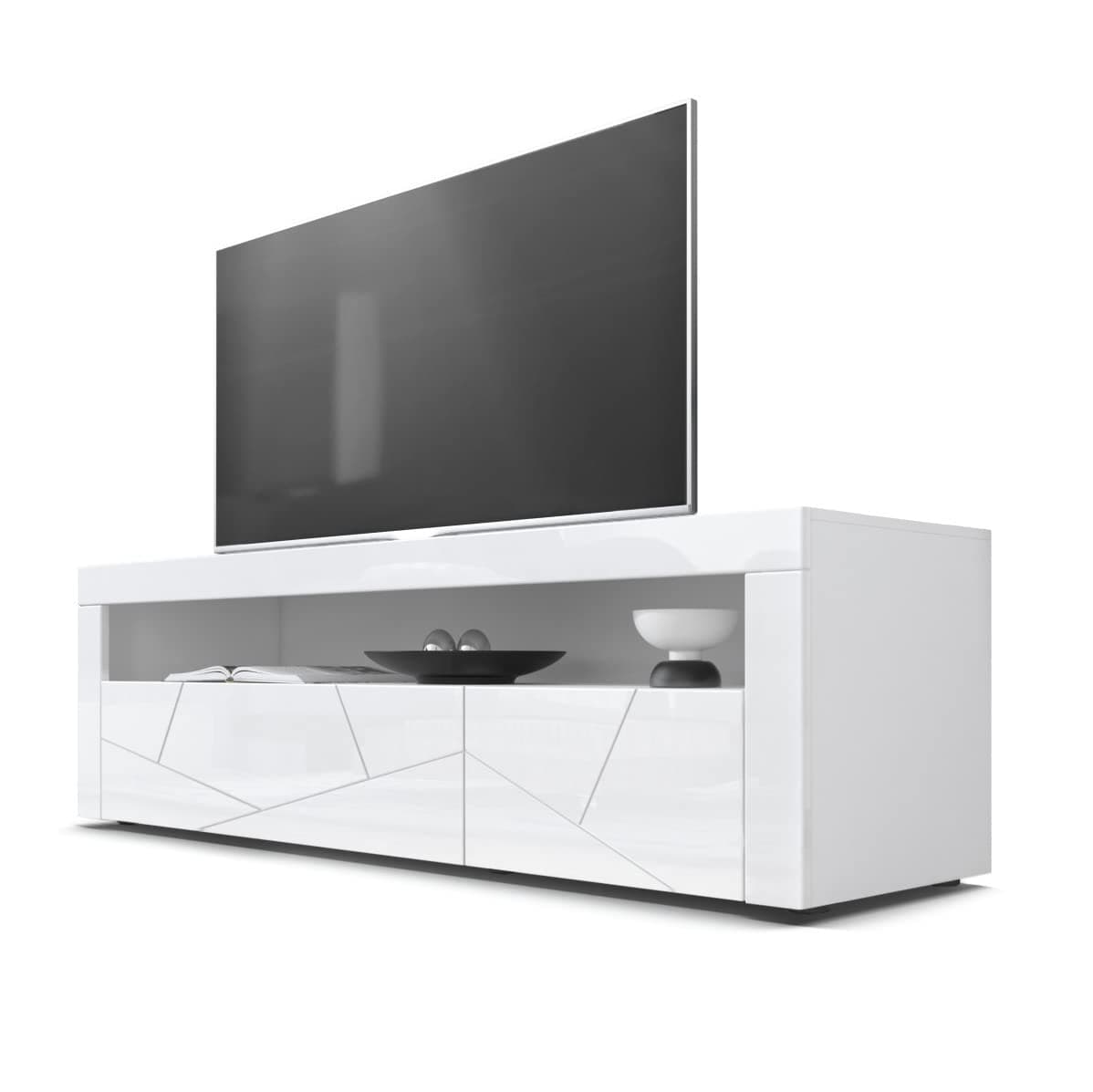 Vladon Valencia Lowboard, TV Unit with 1 Open Compartment and 2 Drop-Down Doors, White/White High Gloss Element 3D Structure/White High Gloss (155 x 46 x 40 cm)