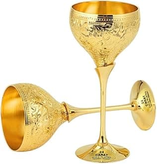24K Gold Plated Brass Chalice Cup Metal Communion Wine Goblet, Wedding Champagne Glass for Bride & Groom Toasting Flutes Engraved Gift Engagement Couple Marriage Anniversary, Valentine-Set of 2 Saucer