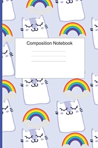 Pretty Composition Notebook: Cute Cloud Cats with Rainbows.: Ruled Paper Notebook for Kids - Students - Girls