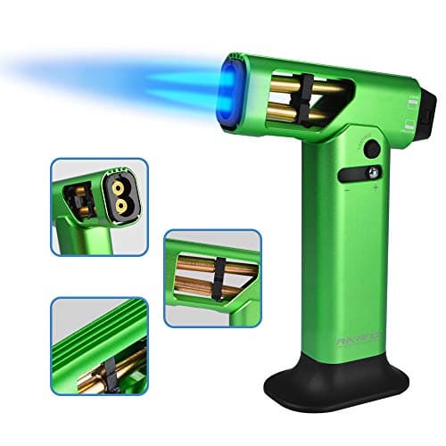 Butane Torch Lighter Double Flame, Cooking Torch Refillable Blow Torch Lighter with Safety Lock, Culinary Torch Adjustable Flame for Dessert, BBQ, DIY Crafts, Soldering (Butane Gas Not Included)/Green