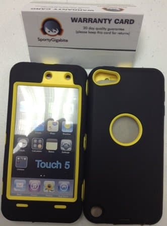 iPod 5 Touch Defender Style case (Black/Yellow) only by SportyGigabite + 30 Days warranty card.