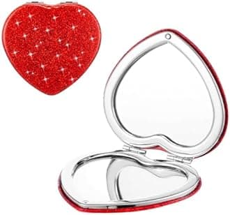 mpowtech Red Heart Shaped Compact Mirror for Purse,1x/2x Magnification Cute Travel Mirror with Glitter,2.76 inch Double-Sided Mini Folding Mirror,Small Pocket Mirror for Gift,Travel Essentials