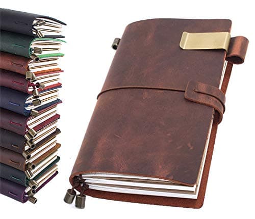 Leather Journal, Handmade Vintage Refillable Travel Diary Writing Notebook Gift for Men & Women 8.7"x4.7" Red Brown