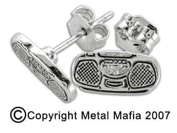 Metal Mafia Tiny Boom Box Stereo Silver Earrings