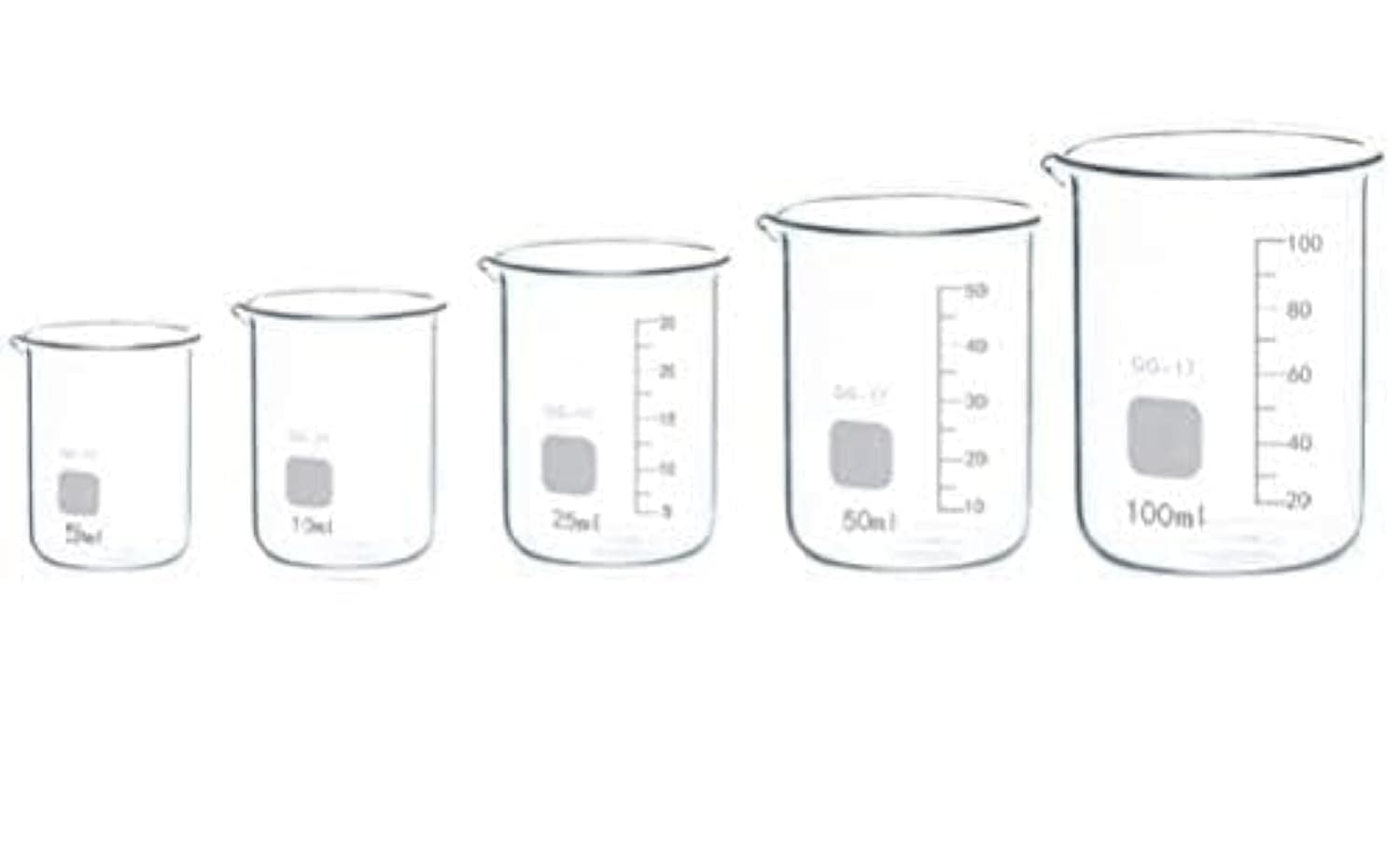 Boro 3.3 Glass Graduated Measuring Beaker for Lab or Kitchen (5+10+25+50+100ml)