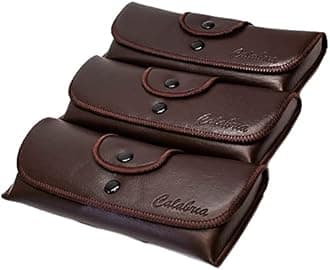 Calabria Double Snap Belt Loop Eyeglass Case PU Leather Brown 3Pack Old School Eye Glasses Pouch Semi-Hard Sunglass Holder