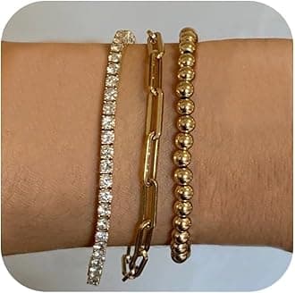 Gold Bracelets for Women, 14k Gold Plated Hand Chain Bracelet, 2 Pcs Ring Bracelets for Women Trendy Dainty Cubic Zirconia Bracelet Ring Bracelet Hand Jewelry Adjustable 6.3'+2'