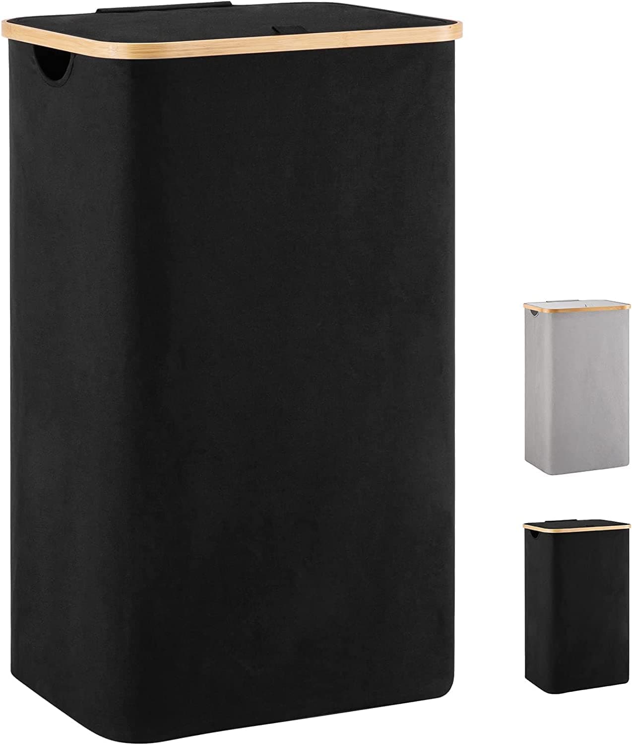 TECHMILLY 100L Large Laundry Basket with Lid , Tall Laundry Hamper with Bamboo Handles for Clothes and Toys Storage, Foldable Clothes Hamper for Bedroom, Dorm Room, Bathroom, Black