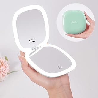 Mocado Compact LED Travel Makeup Mirror - 4 Inches 1X/10X Magnification Travel Mirror with Light Dimmable Double Sides Lighted USB Rechargeable Compact Mirror for Purse,Pocket,Travel(Powdery Green)