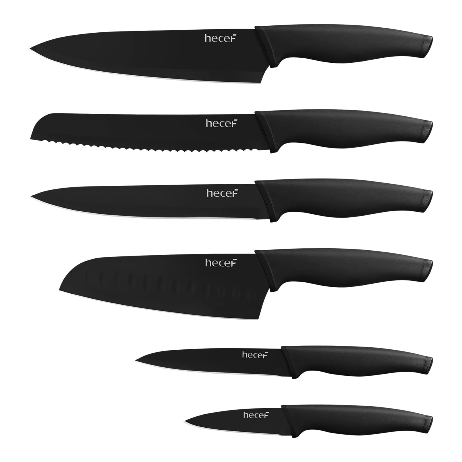 – hecef Black Oxide Knife Set of 6 with Matching Blade Protective Sheath, Scratch Resistant & Rust Proof, Hard Stainless Steel Knives, Non Stick Black Colour Coating Blade