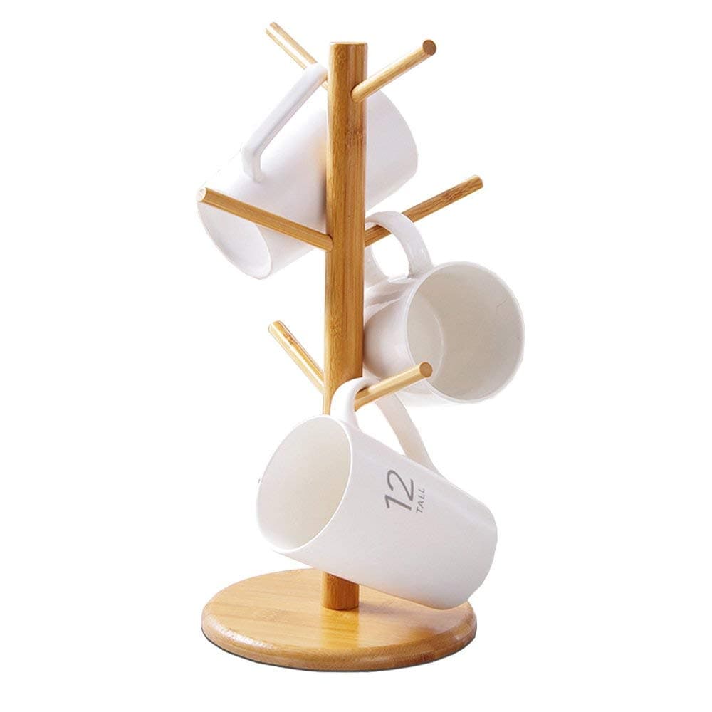 Mug Holder Tree, Coffee Cup Holder, Bamboo Mug Tree for Counter, Coffee Mug Rack Dryer with 6 Hooks