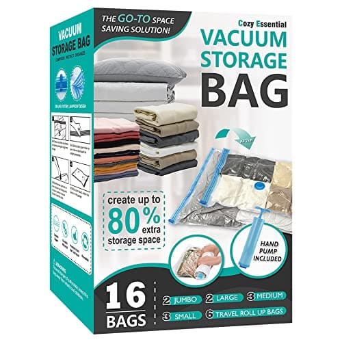 Space Saver Storage Bags, (2 Jumbo/2 Large/3 Medium/3 Small/6 Roll) Compression Vacuum Sealer Bags for Comforters, Blankets, Clothes Storage, Hand Pump Included, 16 Pack