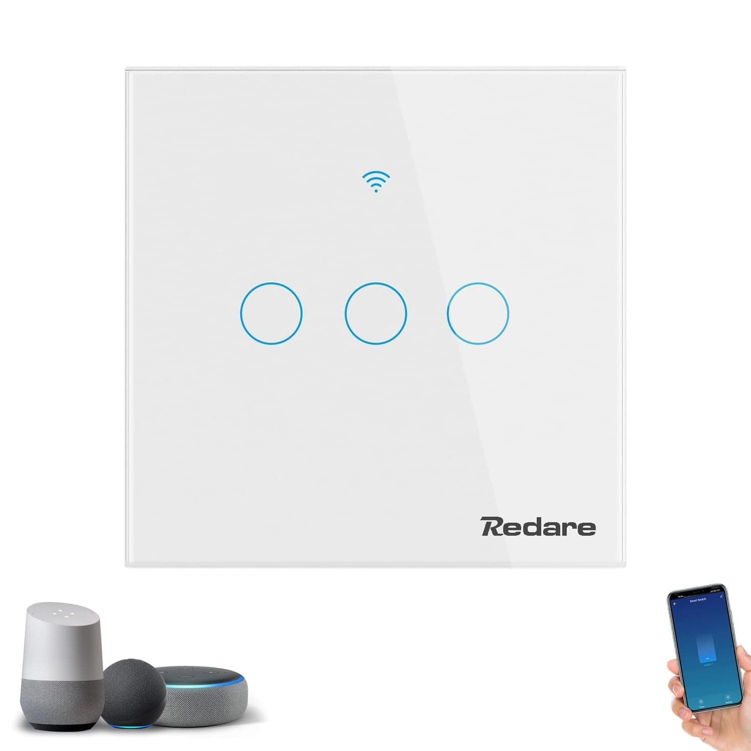 – Redare WiFi Smart Wall Light Switch,Wireless Switches,Glass Panel,No Neutral Wire Required,No Hub Required,Compatible with Alexa and Google Home,APP Remote Control Touch Switch,Voice Control (3 gang)