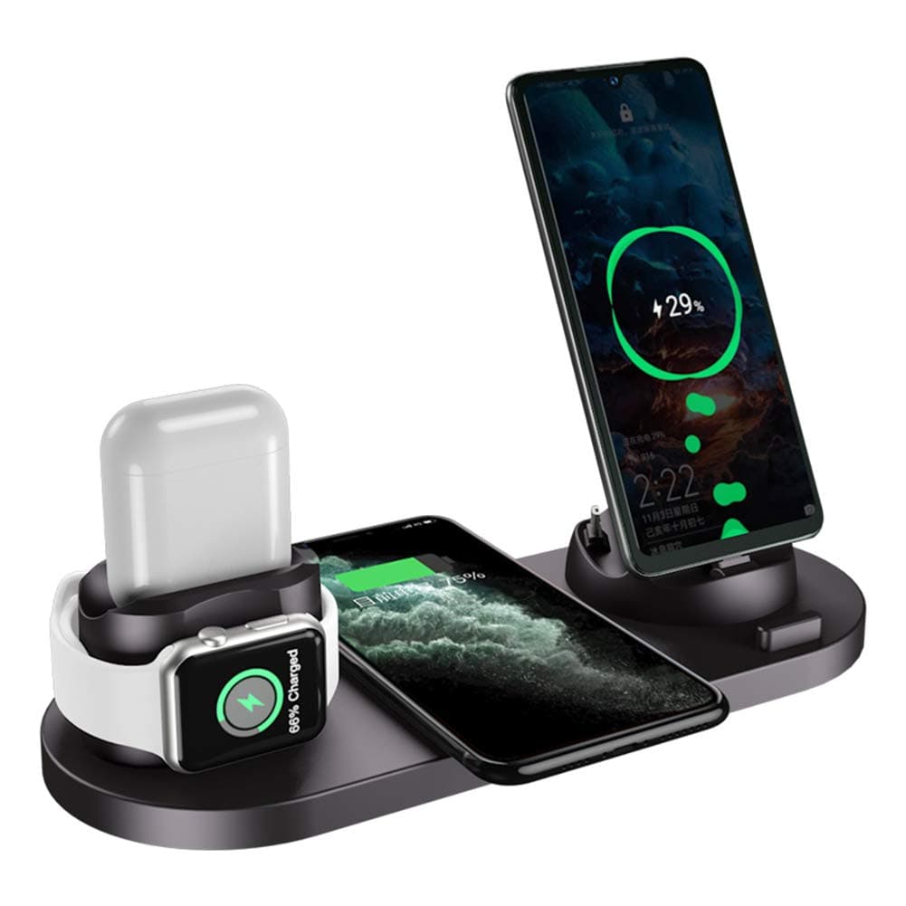 Wireless Charging Station, 6 in 1 Fast Charging Stand for Multiple Devices, Apple Watch Series 6/SE/5/4/3/2, AirPods Pro, iPhone 14/14pro/13/13 Pro/12/12 Pro/11 Series/XS Max(Black)