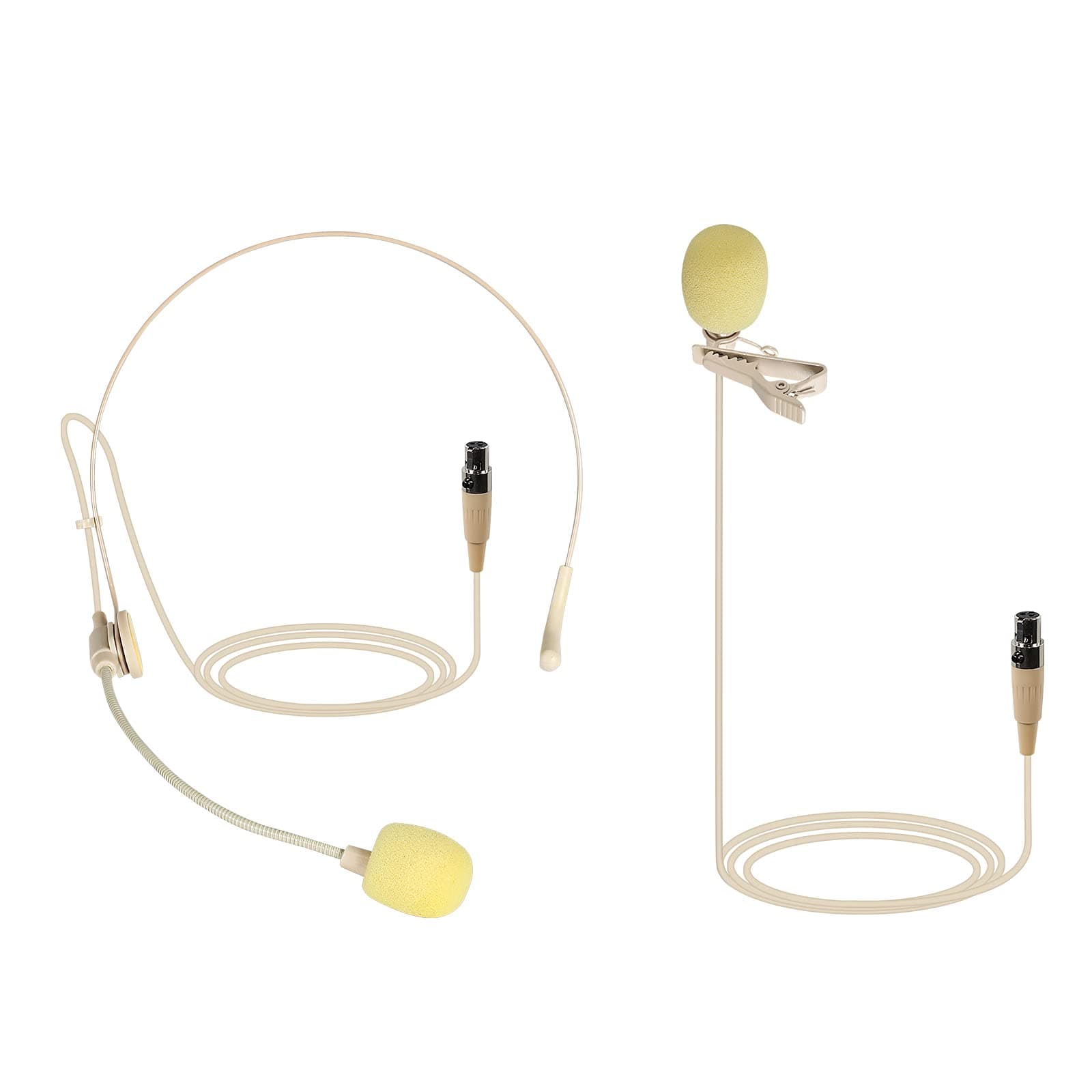 Beige Lavalier Lapel & Headset Mic Combo With Mini XLR Jack, Hands-Free Clip-on, Flexible Wired Boom Headset, Compatible With All Wireless Mic Systems