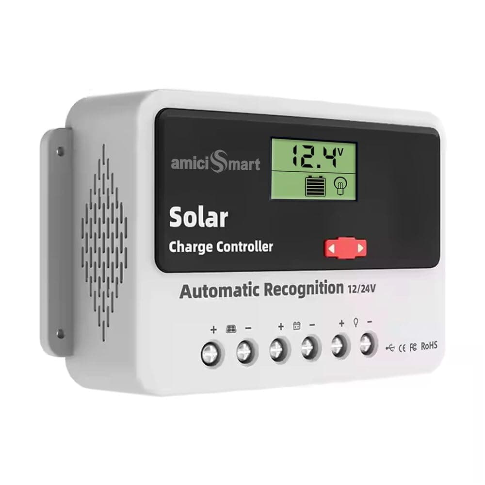 - amiciSmart Solar Charge Controller 40A, Intelligent Battery Regulator for Solar Panel LCD Display with USB Port 12V/24V, 1.04kW (40A)