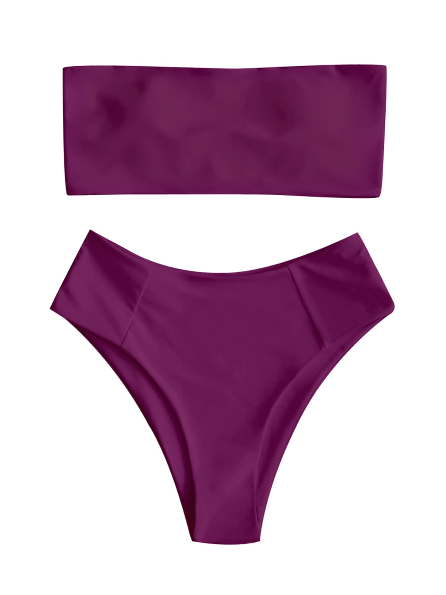 Women's High Cut Bandeau Bikini Set Strapless Solid Color 2 Pieces Bathing Suit Swimsuit