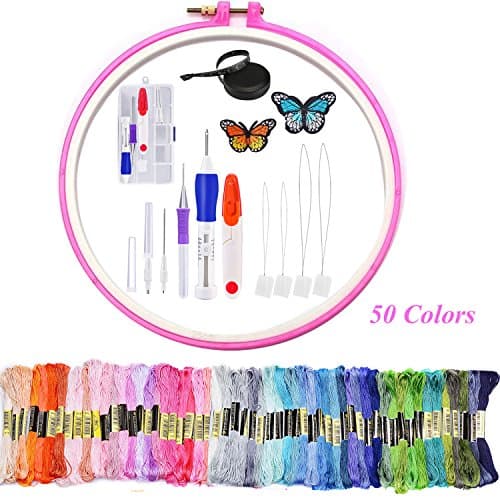 iLosga Magic Embroidery Pen Sets Embroidery Starter Kit Including a Plastic Embroidery Hoop 50 Color Threads and Cross Stitch Tool Kit for DIY Threaders Sewing Knitting