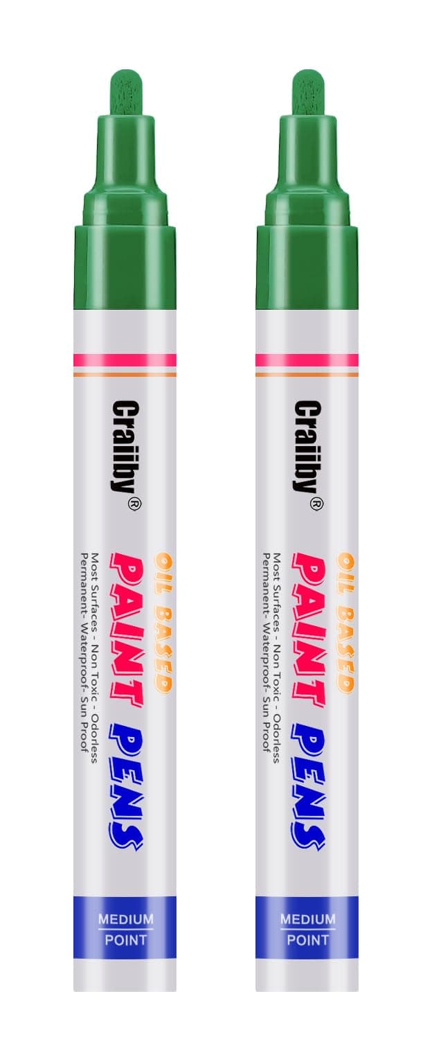 Green Paint Markers, 2 Pack Oil-Based Waterproof Quick Dry Permanent Paint Pen Set for Rocks Painting, Wood, Fabric, Plastic, Canvas, Glass, Mugs, Metal, Tire, Stone, DIY Craft