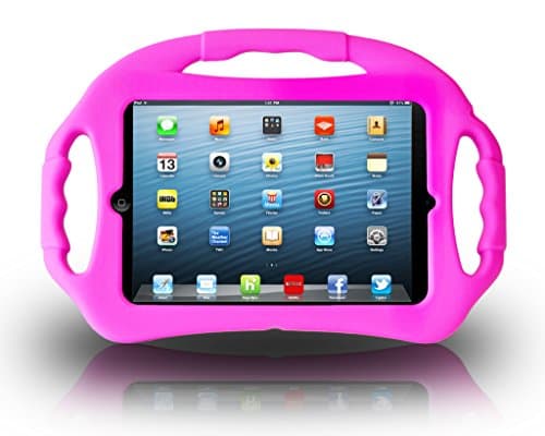 Ipad Mini Kids Case - Tough Light Weight Silicon - Three Handle Design - Easy for Kids to Carry - Built in Stand for Movie Watching - Fun and Durable [Kid Proof, Drop Proof, Anti Slip] Pink