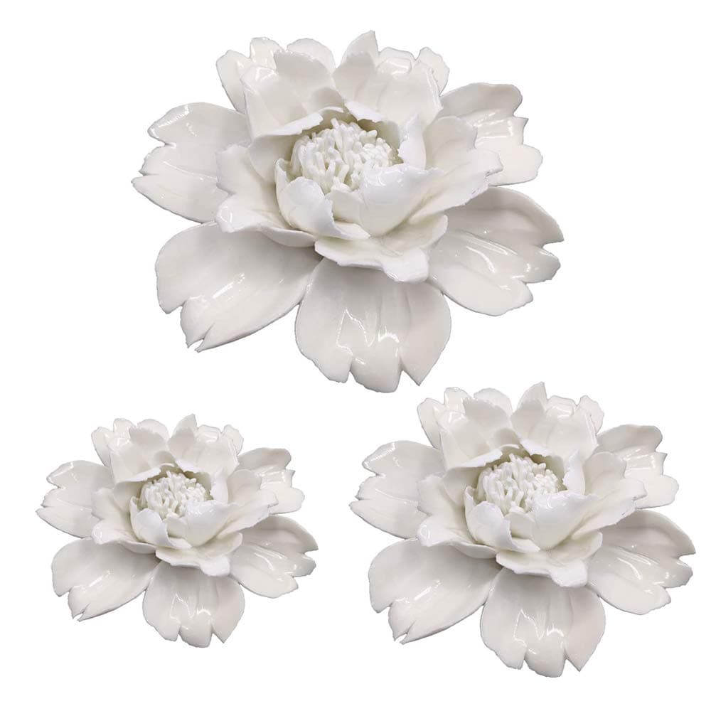 YKLL3 Pack White Peony Handmade 3D Ceramic Flower Wall Décor Pediments Wall Art for Living Room Home Hallway Bedroom Kitchen Farmhouse Bathroom Dining Room, Porcelain Flower Wall Decor