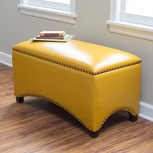 Premium Nailhead Storage Bench - Modern Leather Window Seating Organizer Home Furniture Living Room Bedroom Entryway Indoor Flip Top (Mustard Yellow)