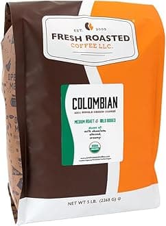 Fresh Roasted Coffee, Fair Trade Organic Colombian, 5 lb (80 oz), Medium Roast, Kosher, Whole Bean