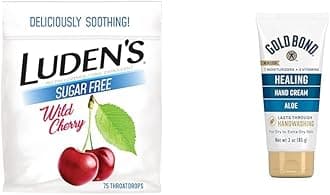 Ludens Wild Cherry Sugar Free Throat Drops, 75 Count & Gold Bond Healing Hand Cream with Aloe, 3 oz Moisturizing Skin Care Bundle