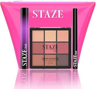 Staze 9to9 Extra AF Eyes Trio 3 in 1 Makeup Combo with FREE Neon Pouch | MakeUp Kit with Tubing Mascara, Eye Liner & Eye Shadow Palette | 12 Hrs Long Lasting Matte Finish Look | Transfer-proof, Smudgeproof & Waterproof | Mix of Matte & Shimmer Eyeshadows | Bridal Makeup Gift Kit for Women & Girls | 17g