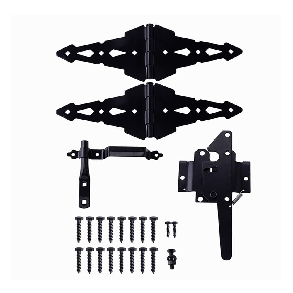 HOME MASTER HARDWARE Wood Gate Hardware Set - Heavy Duty 8" Decorative Strap Hinges and Spring Loaded Latch Kit with Screws for Outdoor Fence Swing Gate Black Finish