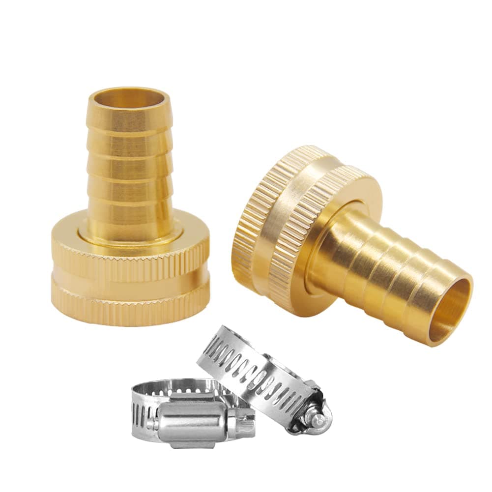 Hooshing2PCS Garden Hose Connetor 5/8" Barb x 3/4" Female GHT Thread Repair Hose End Mender Brass Water Hose Adapter with Stainless Clamp