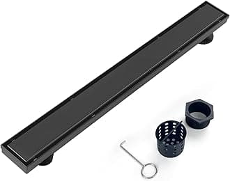 Offset Linear Shower Drain, Brushed 304 Stainless Steel Side Outlet Black Floor Drain with Hair Catcher and Adjustable Feet (48 inch)