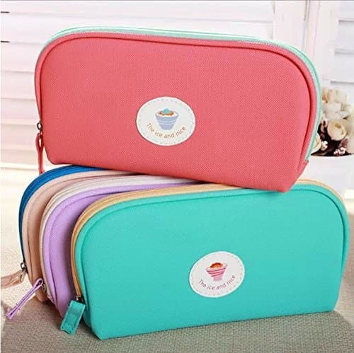 Classic Big Square Pencil Case Pouch with Ice Cream Prints, Beige / Pink / Green / Yellow, 1 Piece, Random Color