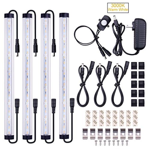 SUNWOW Motion Sensor LED Under Cabinet Lighting Kit - 4pcs Extendable Under Counter LED Light Bar for Gun Box, Locker, Closet, Shelf, Reception Desk, Kitchen, Show Case Lighting (Warm White)