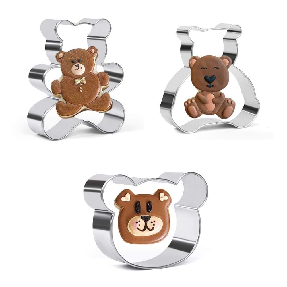 Crethinkaty Teddy Bear Cookie Cutter Set - 3 Pieces Bear Face and Teddy Bears Stainless Steel Biscuit Cutters Fondant Cake Decoration for Baking