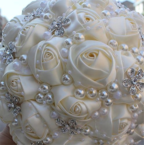 FYSTORE Advanced Customization Romantic Bride Wedding Holding Bouquet Roses with Diamond Pearl Ribbon Valentine's Day Bouquet Confession Many Colors for Choose 18cm (Ivory)