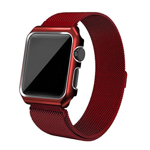 Metal Strap with Case for Apple Watch 42mm, Milanese Loop Stainless Steel iWatch Replacement Band with Magnetic Closure Clasp for Apple Watch Series 3, Series 2, Series 1, Sport and Edition (42MM, Red)