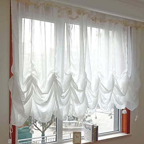 FADFAY Sheer Lace Curtain with Attached Valance, 1 Panel White Balloon Curtain 78"x59", Adjustable Tie-Up Tulle Shade for Window or Door, Farmhouse Shabby Chic Style