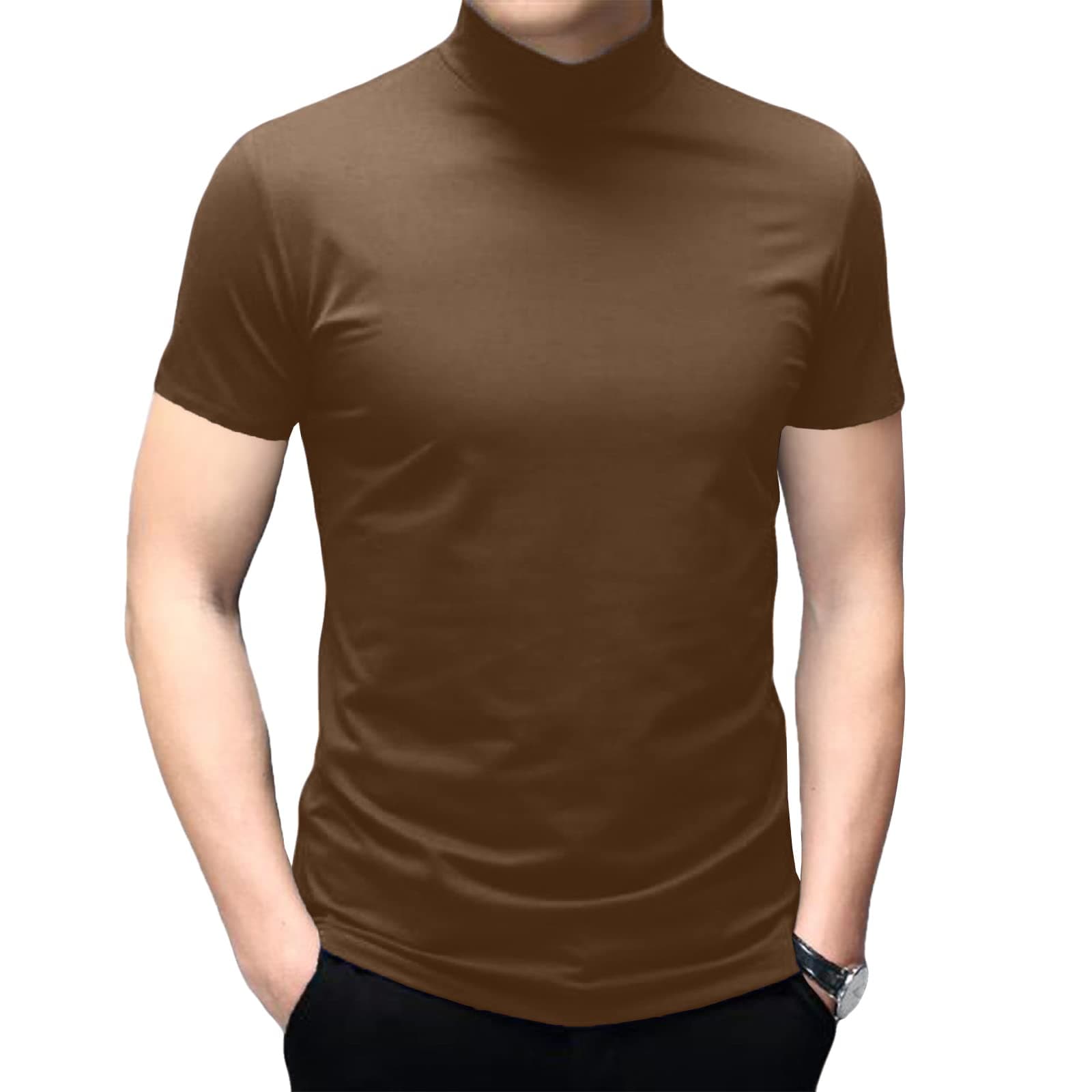 Rela BotaMen's T Shirt Short Sleeve Basic Mock Turtleneck Slim Fit Undershirt Pullover Thermal Solid Tops Light Coffee