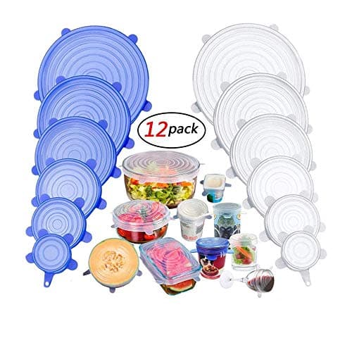 BeRicham 12 Pack Reusable Durable and Expandable Silicone Stretch Lids to Keep Food Fresh Perfect for All Kinds of Food Storage Container, Dishwasher Refrigerator and Microwave Safe, 6 Size