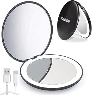 WOBSION Rechargeable Compact Mirror,1x/10x Magnification Compact Mirrors with Light,Dimmable Led Travel Makeup Mirror for Handbag,Purse,Handheld,Portable,Gifts for Girls,Black