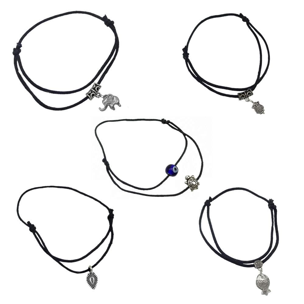 Latest Trend 5 Pieces Combo Black Thread Knot with Oxidized Single Charms Base Metal Adjustable Evil Eye Anklets for Women and Girls