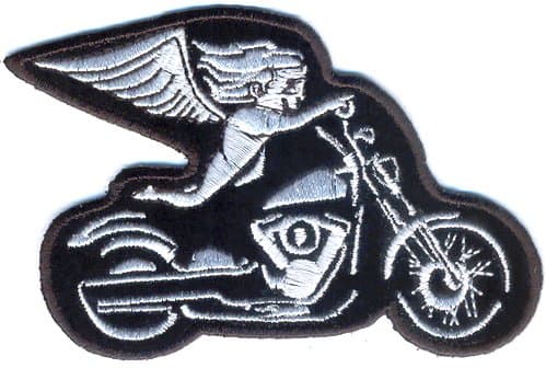 White Biker Angel On Motorcycle Patch, Biker Patches